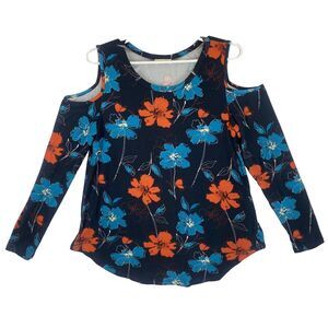 Viamor Women’s Cold Shoulder Floral Top Long Sleeve Black Rust Teal Size M